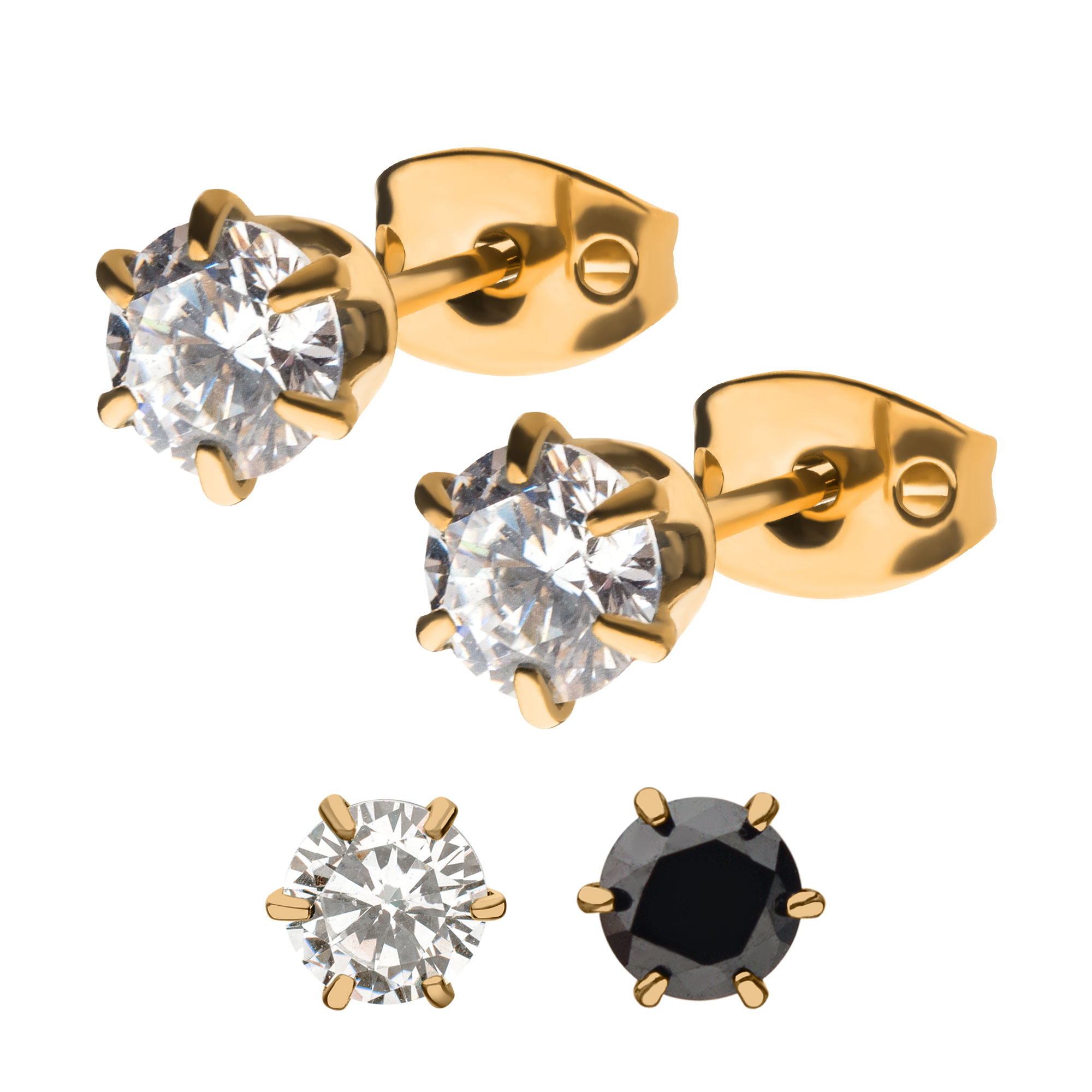 24Kt Gold PVD Titanium with 6-Prong Set Round CZ with Butterfly Back Stud Earrings
